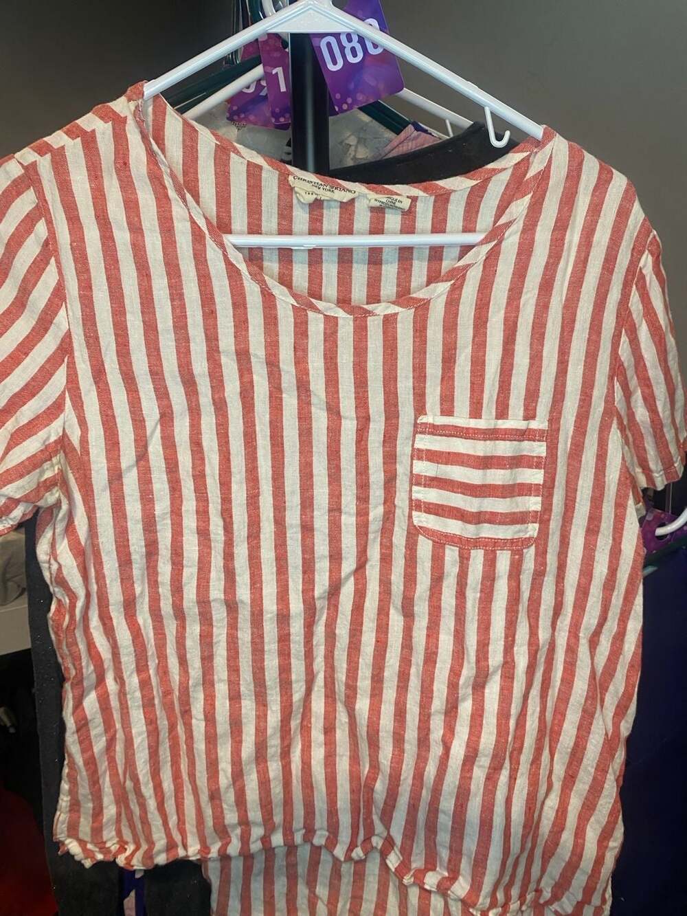 Christian Siriano New York Red and White Striped Linen Blend Pocket Tee Size M